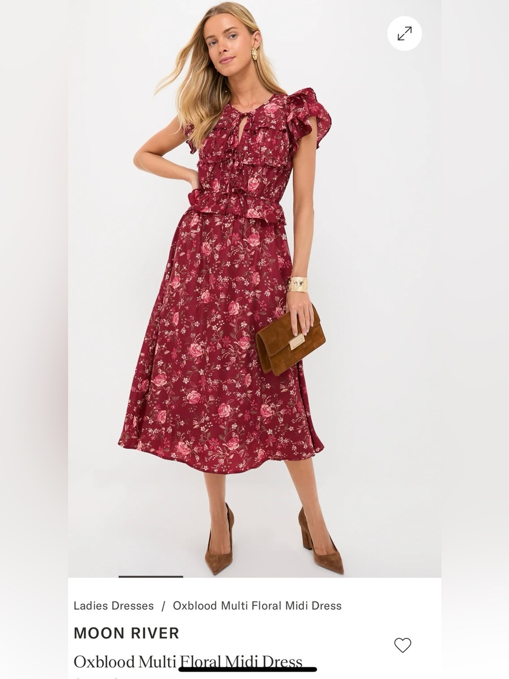 Moon River Burgundy Floral Midi Dress with Pink Rose Print